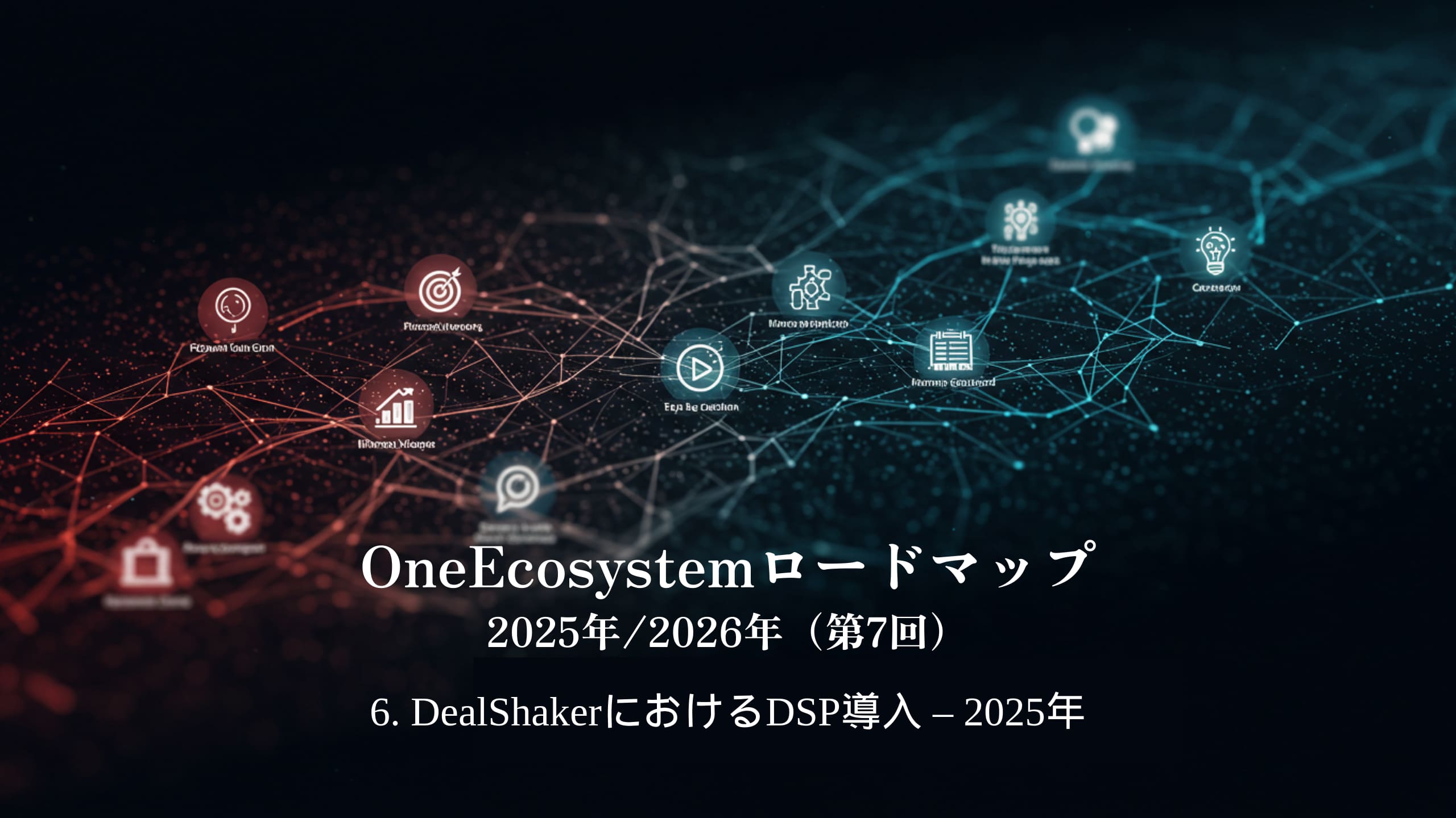 Blue and red gradients make Japanese text stand out: "OneEcosystem Roadmap 2025/2026 (7th)6. DSP Implementation in DealShaker - 2025.