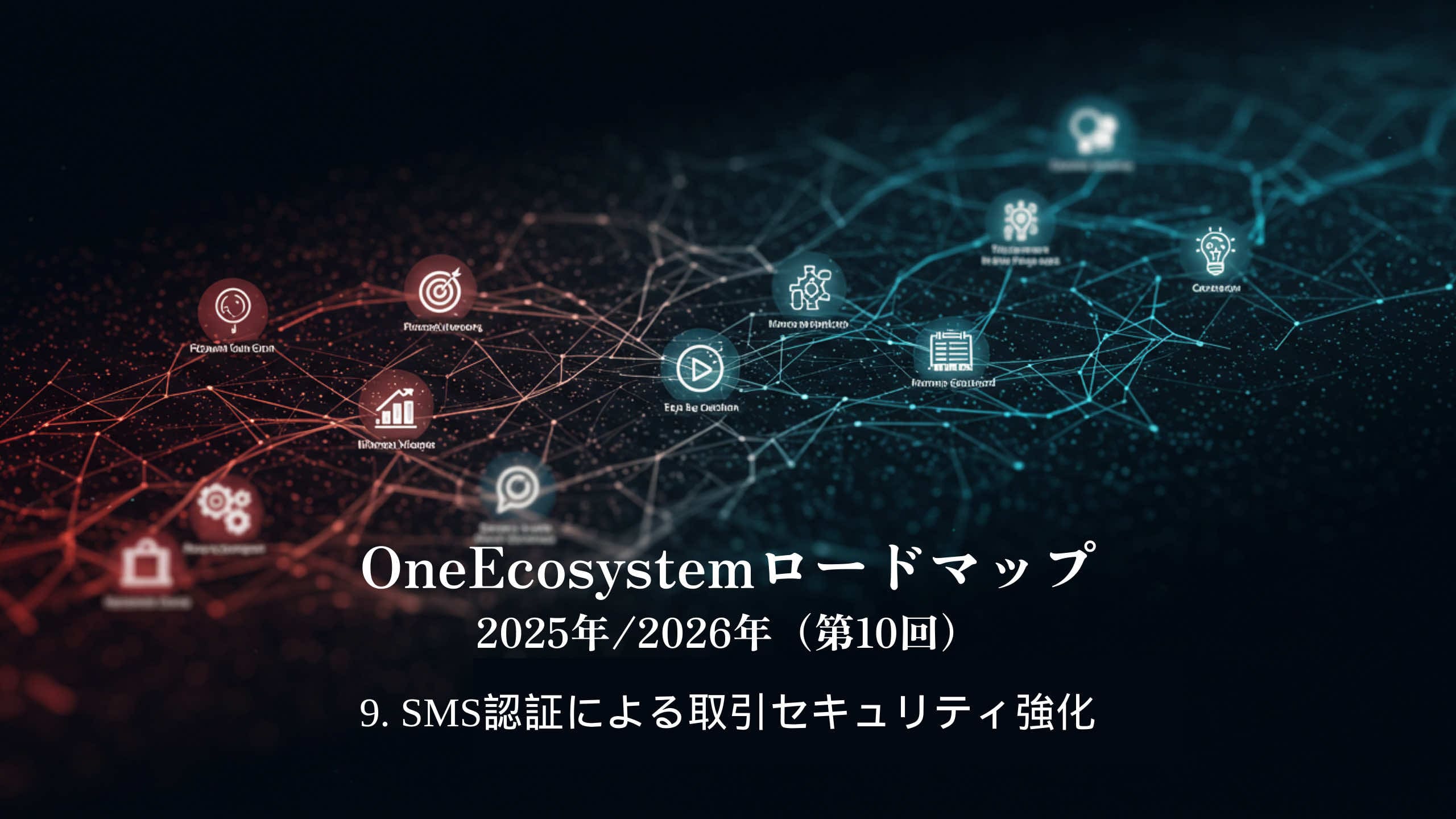 Digital network graphics with interconnected icons and nodes highlighting one ecosystem. The Japanese text reads: "OneEcosystem Roadmap 2025/2026 (10th) 9. Strengthening transaction security through SMS authentication".