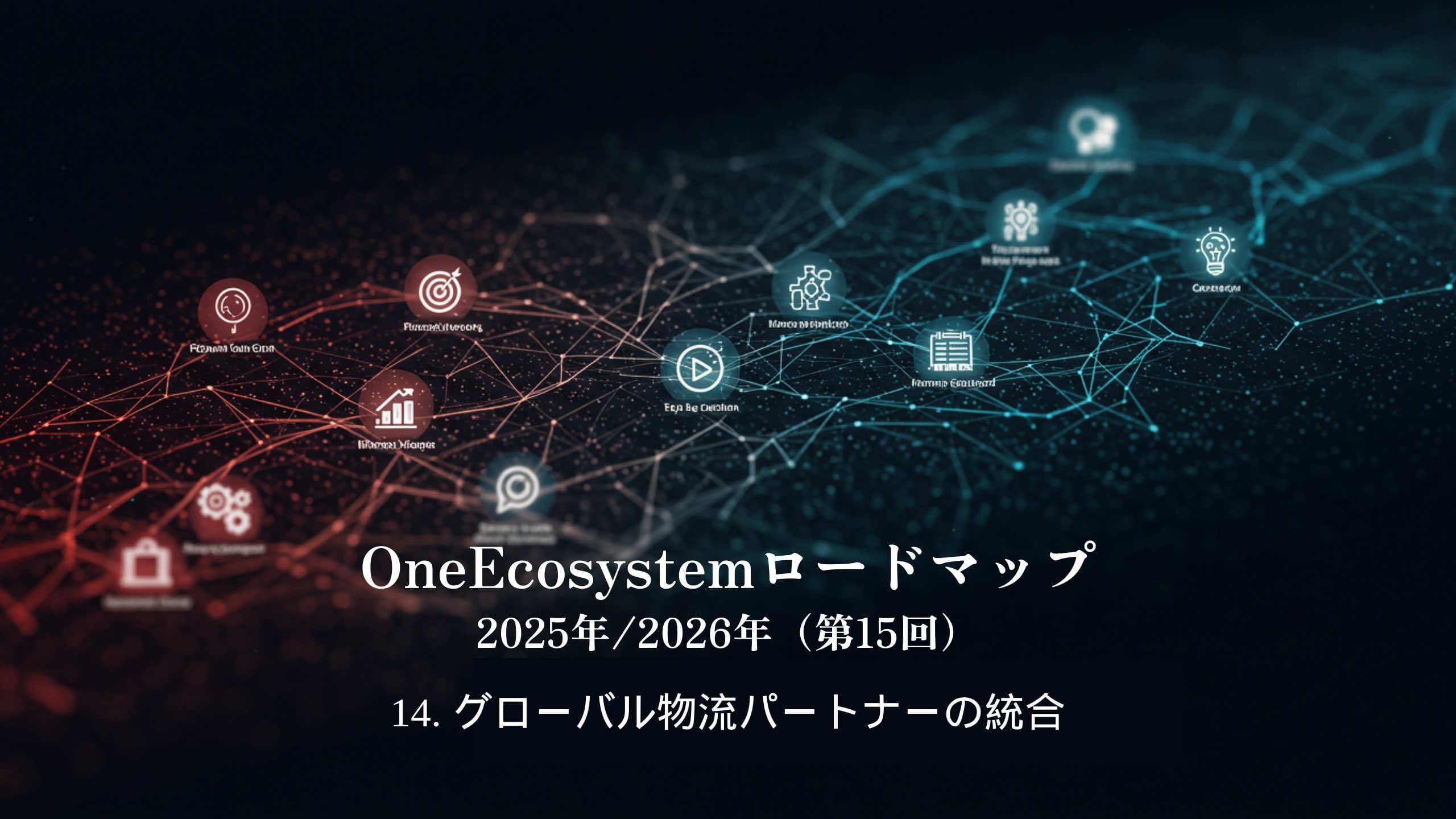 A digital network made up of blue and red nodes, an icon of technology services. Japanese text: "OneEcosystem Roadmap 2025/2026 (15th) 14. Integration of global logistics partners".