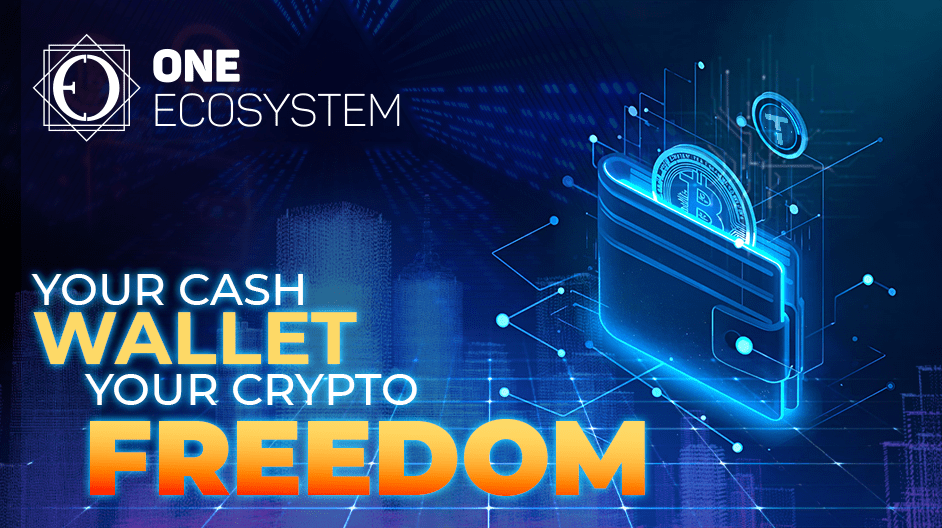 From the glowing blue interface, a digital wallet with cryptocurrency coins appears. The text reads: "One ecosystem, your cash wallet. Your crypto freedom. "The background depicts a pattern of digital networks and city lights, highlighting the latest update.