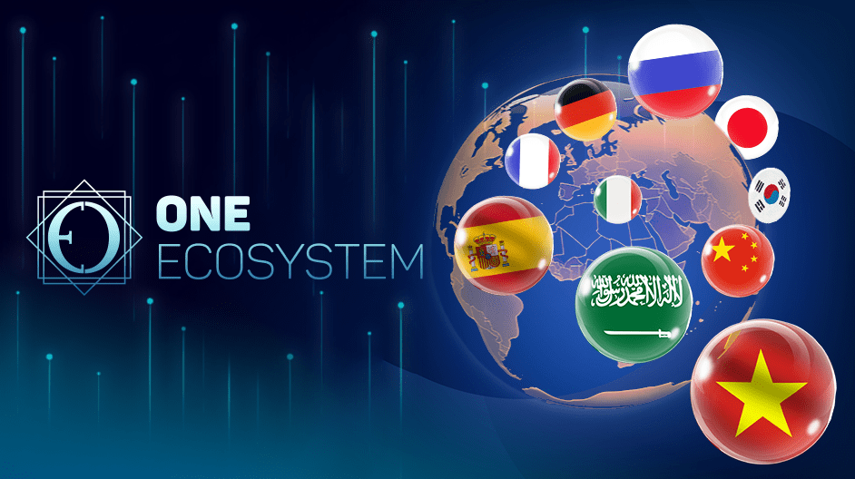 Digital illustration of the globe with various flags drawn in bubbles. Also ideal as an advertising material: "One ecosystem.
