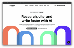 Screenshot of the top page of the Logicaly website. The text "Research, cite, and write faster with AI" appears above the colorful arch, with navigation links to products, tools, pricing, blogs, and sign-in options at the top. Logical.