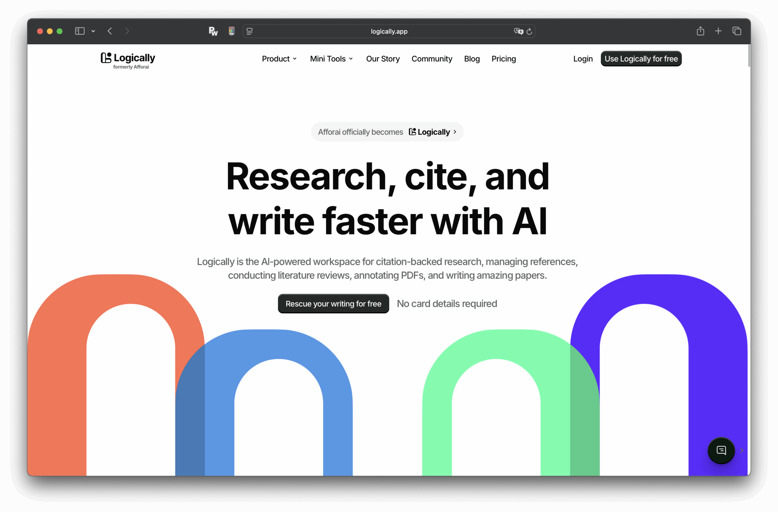 Screenshot of the top page of the Logicaly website. The text "Research, cite, and write faster with AI" appears above the colorful arch, with navigation links to products, tools, pricing, blogs, and sign-in options at the top. Logical.