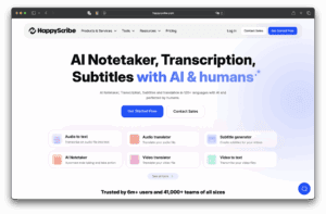 Screenshot of the HappyScribe homepage. You'll see options for AI-powered note-taking, transcription, and subtitling, along with a start button and a sales contact button. The header emphasizes the collaboration between AI and humans.