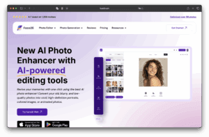 It features a purple and white design, a preview of the photo editor featuring a smiling woman, text about AI-powered editing tools, and a download button for the app.