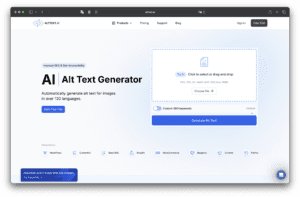 Screenshot of an AI-powered alt text generator for images with image upload, custom SEO keyword input, a free trial start button, and an alt text generator AltText.ai.