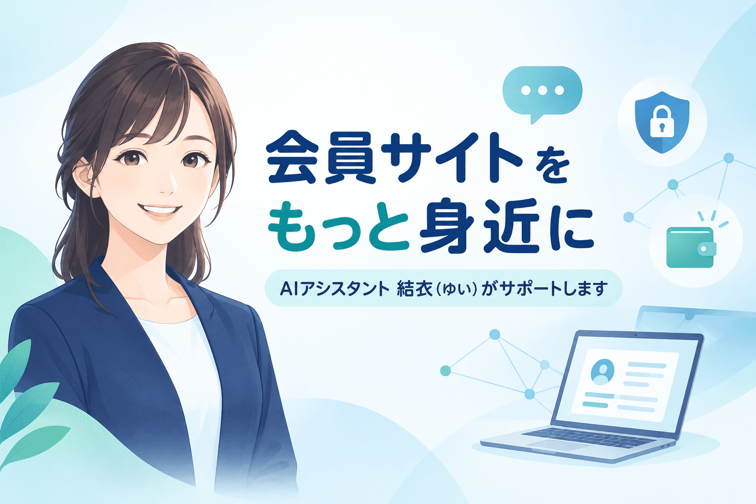 Illustration of a smiling woman in a business suit, Japanese text about the member site with support features, icons representing security and a digital wallet, and a laptop showing a profile. Blue and white color scheme.